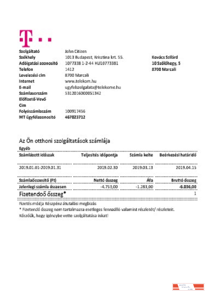 Hungary Magyartel utility bill